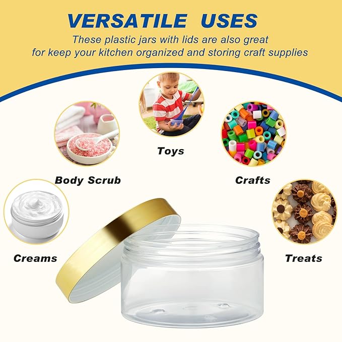 Dandat 24 Pcs 8 oz Plastic Jar Container with Lid and Label Refillable Empty Round Clear with Gold Pet Cosmetic Sample Slime Containers for Lotion, Cream, Ointments, Body Butter, Makeup Travel Storage