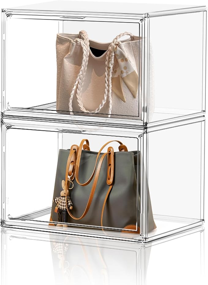 XX-Large Clear Handbag Storage Organizer for Closet Acrylic Display Case Clear Purse Organizer 15 x 12 Inch Plastic Storage Box for Boots, Big Tote Bag, Collectibles, Cosmetic, 2 Pack