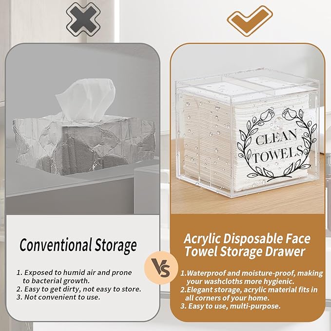 Disposable Face Towel Holder, Acrylic Storage Box for Clean Skin Club Face Towels, Laundry Sheet Holder, Dryer Sheet Holder, with Movable Dividers and Small Diamond Handles Acrylic Towel Container Box