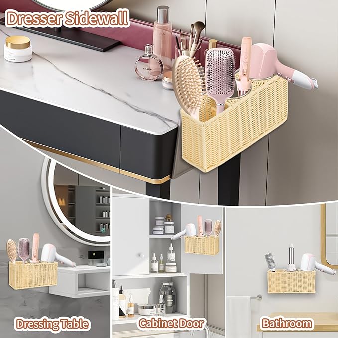 Hair Tool Organizer,Wall Mount Curling Iron Holder,Waterproof Wicker Hot Tools Organizer for Hair Dryer,Flat Irons,Curling Wands,Straighteners Storage,in Cabinet,Bathroom,Vanity (Nature)