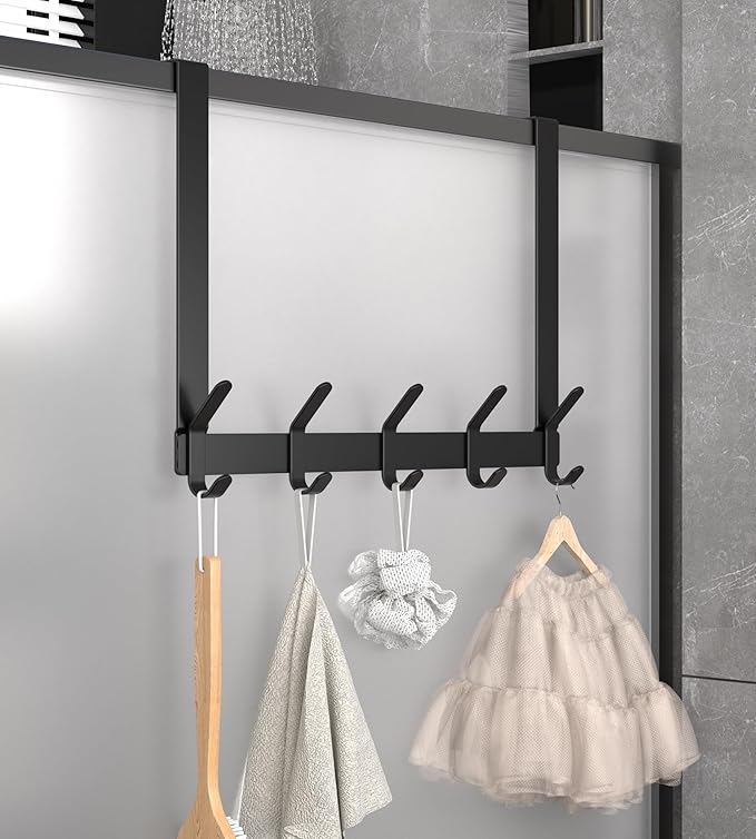 KitchLife Over The Door Hooks Hanger with 15.75 inches Extended Arms, Fit for 1-3/8" Doors, J40U, Thickened Bathroom Towel Rack Organization, 1 Pack Double-Hook, Matte Black