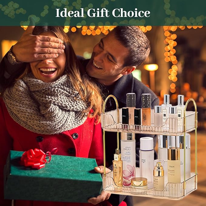 Aveniee Bathroom Counter Organizer, 2 Tier Perfume Skin Care Countertop Storage Shelf, Vanity Makeup Tray for Cosmetic Skincare Lotion, Gold