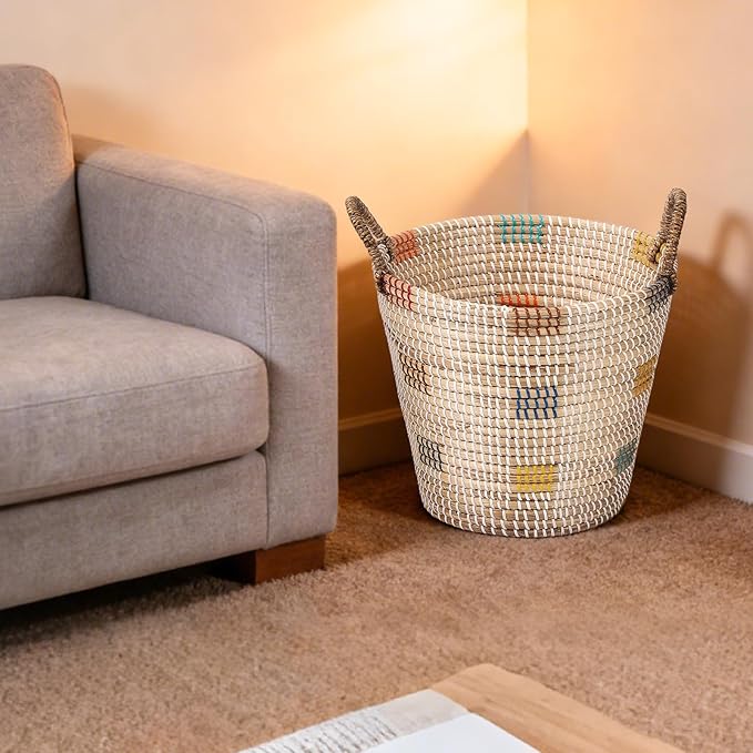 3 Pack Seagrass Storage Baskets for Organizing, Large Storage Bin with Handles, Woven Blanket Basket, Living Room Bedroom Laundry Room Home Decor for Toys Clothes Shoes Plant