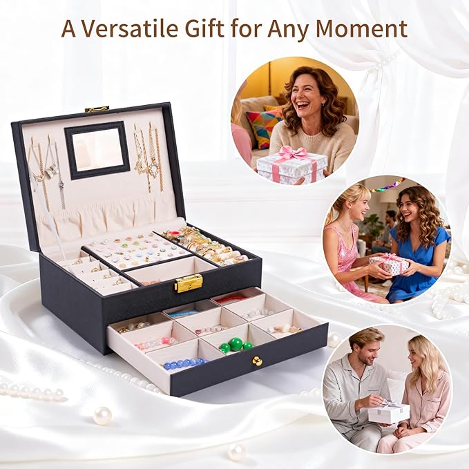 Jewelry Box, 2 Layer Jewelry Organizer with Velvet Earring Organizer, Jewelry Holder Organizer Travel, White Jewelry Boxes for Women, Jewelry Boxes & Organizers for Girls, Black