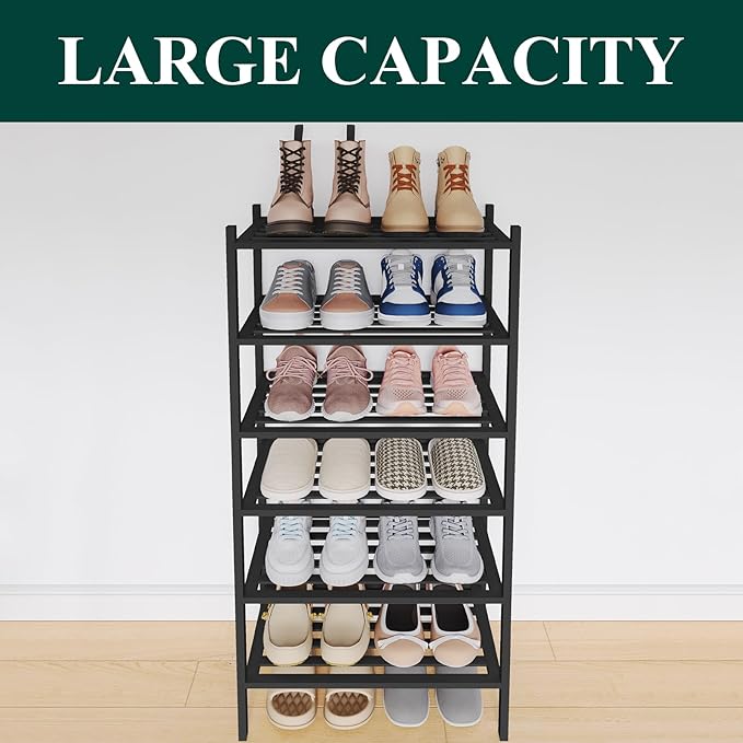 Smiry Small Bamboo Shoe Rack 6-Tier, Stackable Wooden Shoe Organizer for Entryway & Closet, Free Standing Wood Shoe Storage Shelf for Front Door & Small Spaces, Black