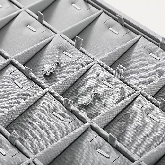 Linen Stackable Necklace Storage Tray, 24 Grid Pendant Display Tray, Jewellery Shop Counter Showcase Table Top Organizers, Makeup Table Drawer Insert Jewelry Tray