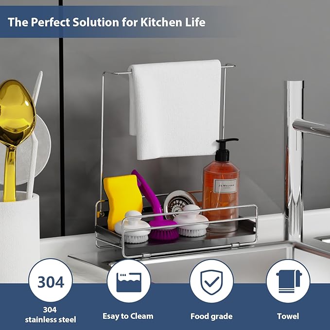 KABUM 304 Stainless Steel Sponge Holder with Towel Rack for Kitchen Sink, Sink Caddy with 4 Non-Slip Silicone Pads, Kitchen Essential Countertop Storage & Organization, Rustproof 304 Stainless Steel