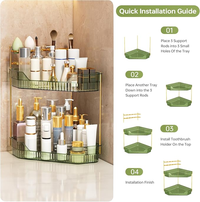 Corner Bathroom Counter Organizer with Makeup Brush Holder & Toothbrush Holders, Makeup Organizer for Vanity Countertop, Acrylic Skincare Storage Shelf (Green, 2-Tier)
