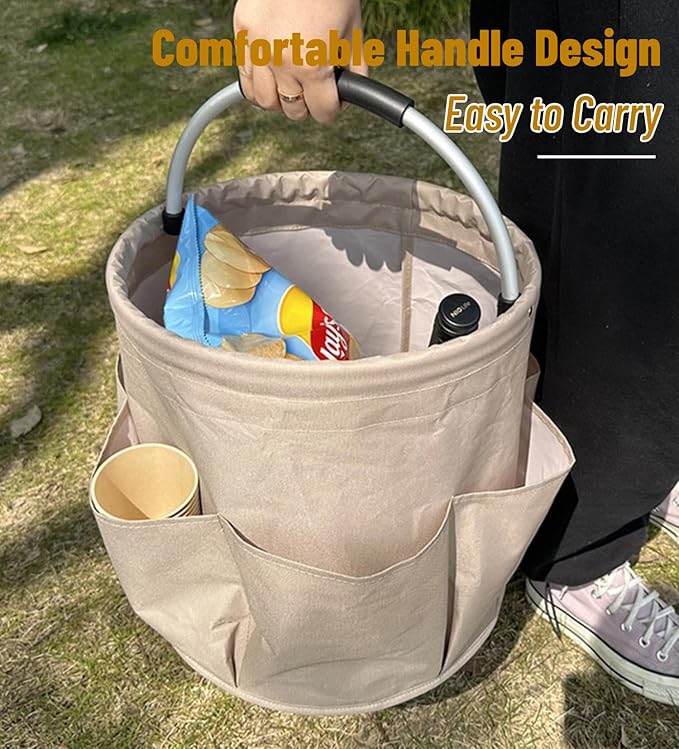 17L Foldable Storage Basket with 6 Side Pockets Cleaning Caddy with Handle Folding Storage Bin for Home Bathroom Camping Gardening (Khaki)