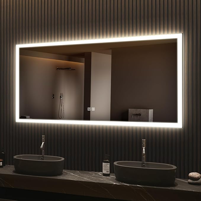 APRILSOUL 55x36 Inch LED Mirror for Bathroom, Led Vanity Mirror with Front and Backlit, 3 Color Lights, Memory Function, Anti-Fog and Dimmable Light (Horizontal/Vertical)