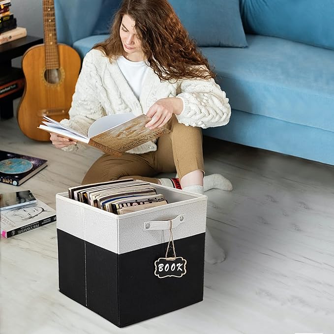 11 cube storage bins,Set of 4 Collapsible Fabric Storage Cubes with Labels,Linen Cube Storage Organizer Bins Kallax Storage Cubes for Organizing Office,Shelves,Nursery Toys,Clothes(White Black).