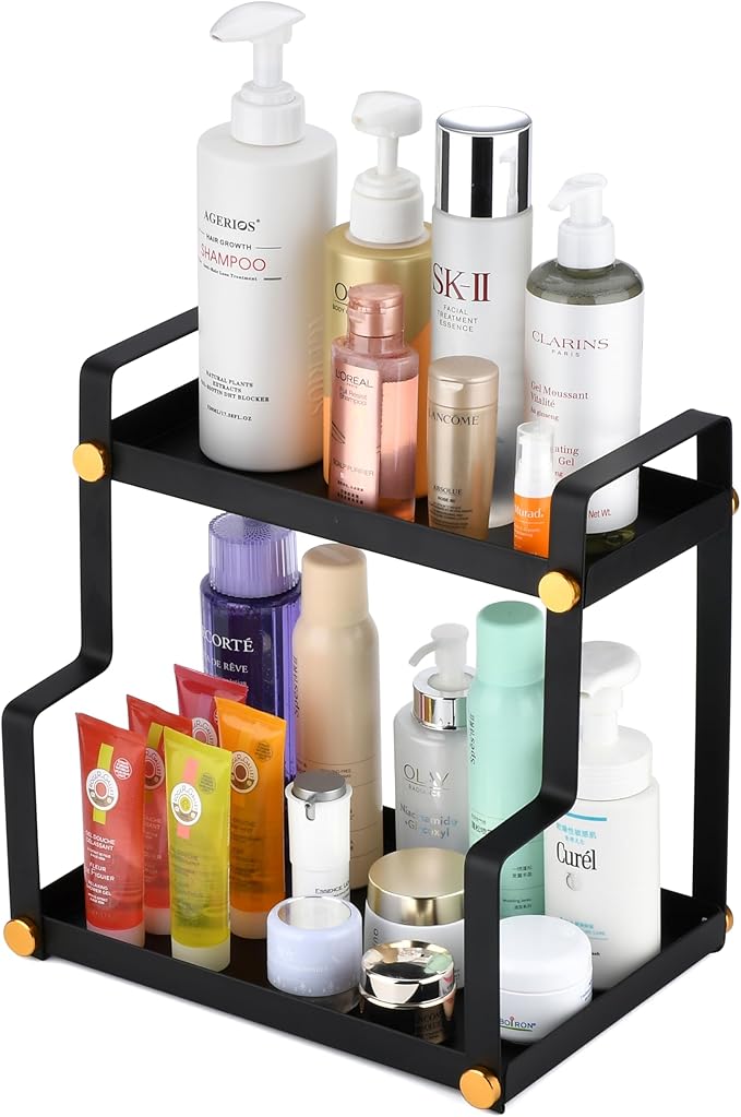 FFK 2 Tier Countertop Organizer, Cosmetic Organizer, Storage Shelf for Cabinet, Countertop, Pantry, Desktop, Ideal for Bathroom, Kitchen, Office (Black)