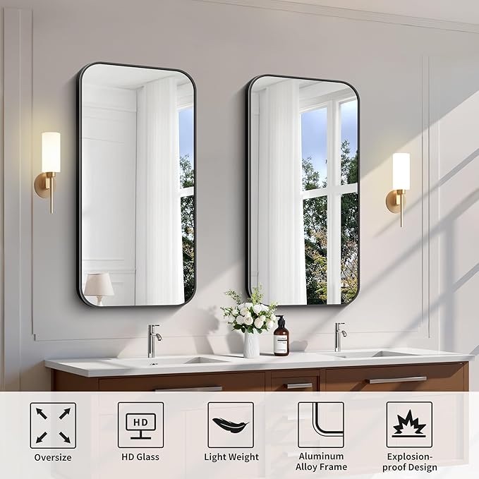 FORBATH Bathroom Mirror 20" x 40", Rectangle Black Bathroom Mirror with Black Aluminum Frame Rounded Corner, Wall Mounted Mirror for Bedroom Entryway Living Room