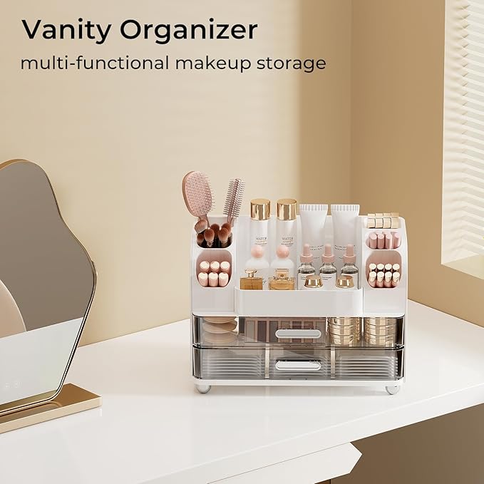Makeup Organizer for Vanity with 2 Large Drawers, Cosmetic Display Case with Brush Holders, Easy to Storage for Bathroom Countertop Skincare, Desk Office Supplies, White