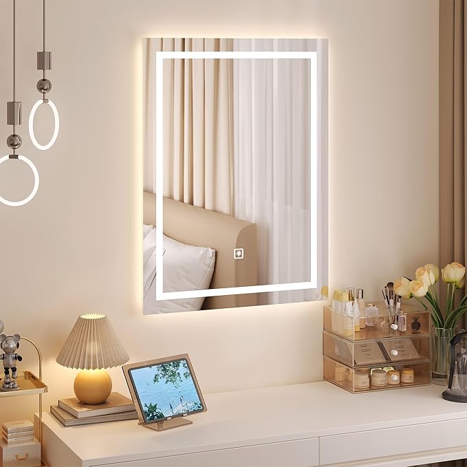 32"*24" Rectangular LED Vanity Mirror with Lights, Bedroom and Bathroom Mirror, Touch Control 3-Color Dimmable Lighting, Easy Wall Mount, Plug-in Power, Classic