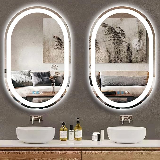 36 x 24 Inch Oval LED Bathroom Mirror with Front Lights Smart Memory 3 Color Adjustable Brightness Anti-Fog 36 Inch Oval Lighted Vanity Mirror for Bathroom Wall Horizontal/Vertical Mounted