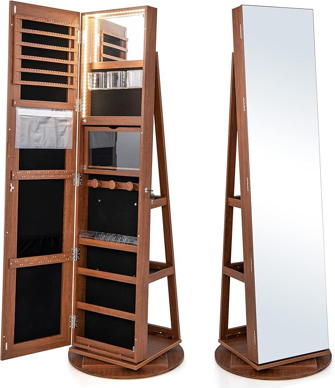 CHARMAID 360° Swivel Jewelry Armoire with Full Length Mirror, Rear Storage Shelves, Lockable Standing Jewelry Cabinet Organizer with Interior Vanity Mirror and 3-Color Lights (Walnut)