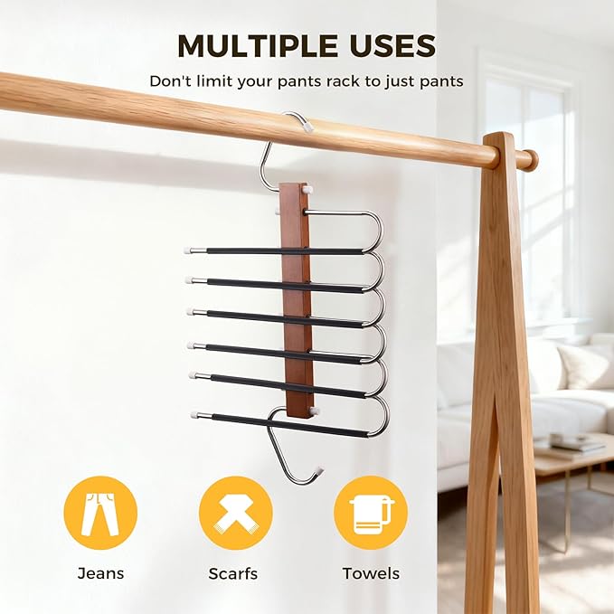 Pants Hangers Space Saving, 4 Packs Wooden Closet Organizer, Anti-Slip Design Leggings Hanger, Multi-Layer Clothing Pant Rack for Jeans, Trousers, Skirts, Scarves & Slacks