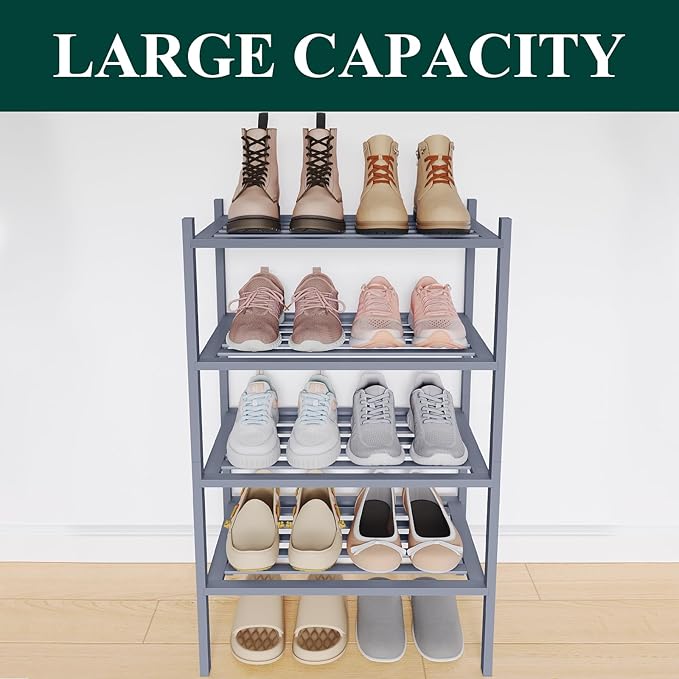 Smiry Small Bamboo Shoe Rack 4-Tier, Stackable Wooden Shoe Organizer for Entryway & Closet, Free Standing Wood Shoe Storage Shelf for Front Door & Small Spaces, Grey