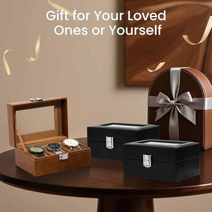 Uten 3-Slot Watch Box, PU Leather Watch Case with Glass Lid, Watch Holder Organizer with Soft Pillow and Velvet Lining, Watch and Jewelry Storage Box, Brown