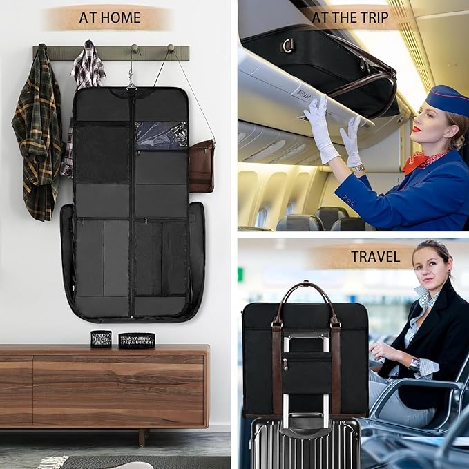 Garment Bag Travel Large Carry On Suit Bag with Strap for Business Hanging Suitcase Luggage Bags for Men Women (Black-Brown)
