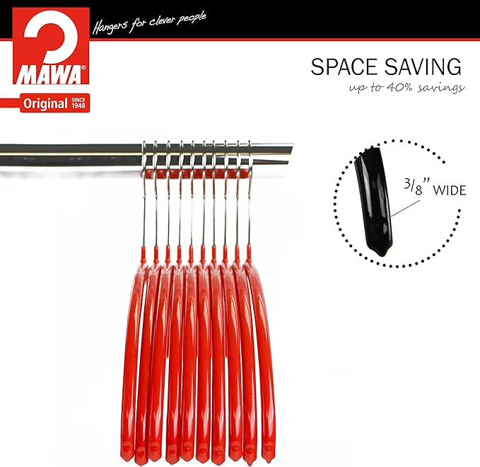 Mawa Narrow Petite Clothing Hangers, Steel Hanger with Non-Slip Coating, for Shirts, Blouses, Dresses, Light Jackets, 360-degree Rotatable Hook, Set of 10, Red