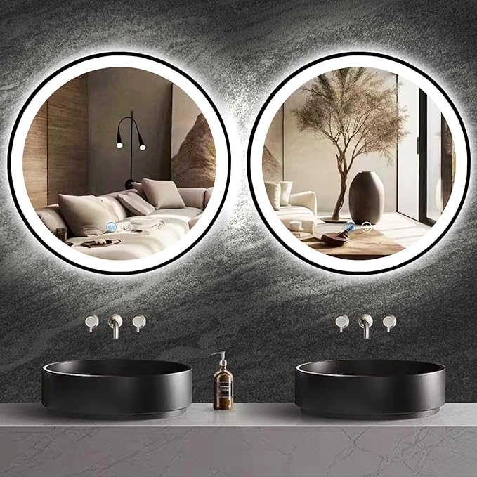 16 Inch Black Bathroom LED Mirror with Light, Black Frame, AntiFog, 3 Color, Wall Mounted Circle Lighted Mirror