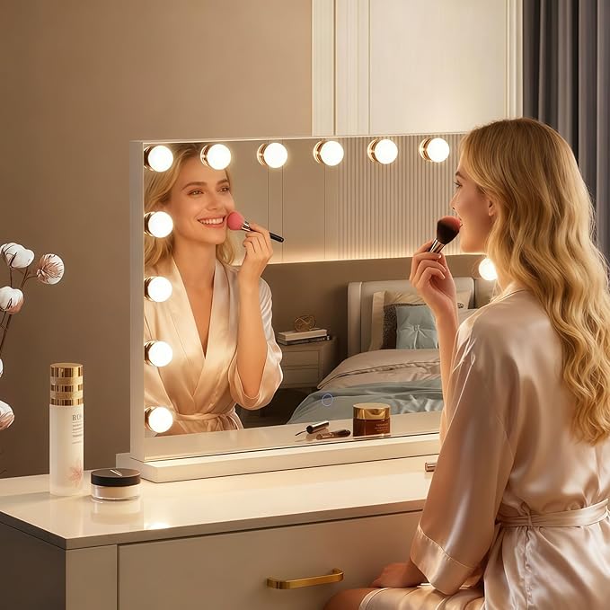 Hollywood Vanity Mirror with Lights, 23"x18" Lighted Makeup Mirror for Desk/Wall Mount, 15 Led Bulbs, 3 Lighting Modes for College Dorm, Bedroom & Dressing Room (White)