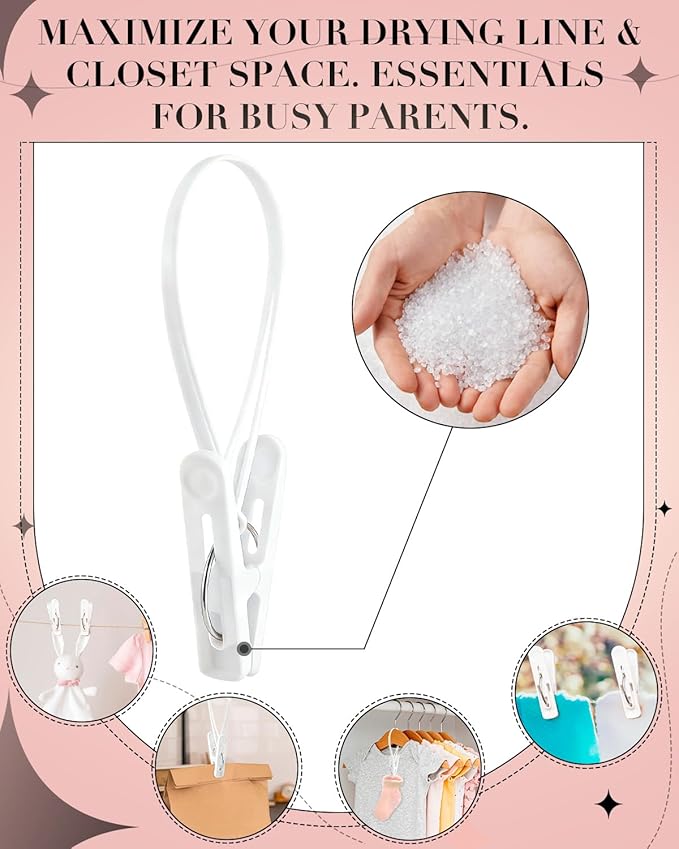 100 Pack Multi Purpose Laundry Hanging Clips with Rope, Strong Grip Hanging Clips for Baby Hangers, Pants, Socks, Towels & Closet Organization, Multi-Purpose Laundry Drying Hooks (White)