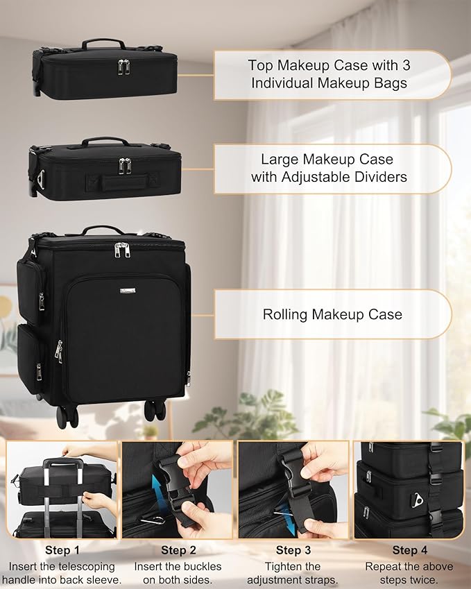 Relavel Rolling Makeup Case, 3 in 1 Hairstylist Traveling Bag Cosmetology Case on Wheels Large Hair Tools Cosmetics Train Case Makeup Artist Storage Organizer Trolley Suitcase with 360° Swivel Wheels