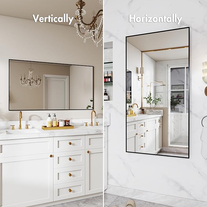 48x36 Inch Black Bathroom Mirror, Metal Framed Vanity Mirror for Wall, Anti-Rust Decorative Rectangle Mirror, Shatter-Proof Home Decor Farmhouse Mirror (Horizontal/Vertical)