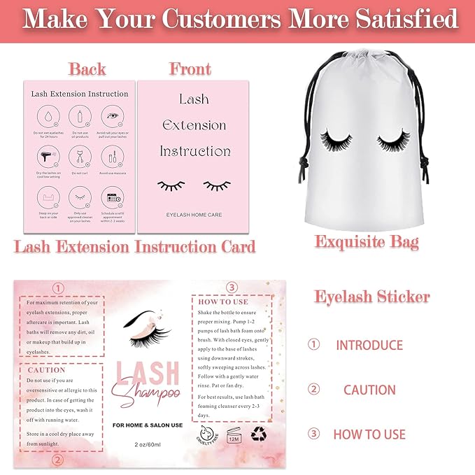 60PCS Lash Shampoo Bottles and Brushes Set, 10pcs Foam Pump Dispenser, Lash Cleaning Brush, Eyelash Extension Tube Brush, Instructions Cards, Bags, Lash Shampoo Stickers for Business Clients (B-white)