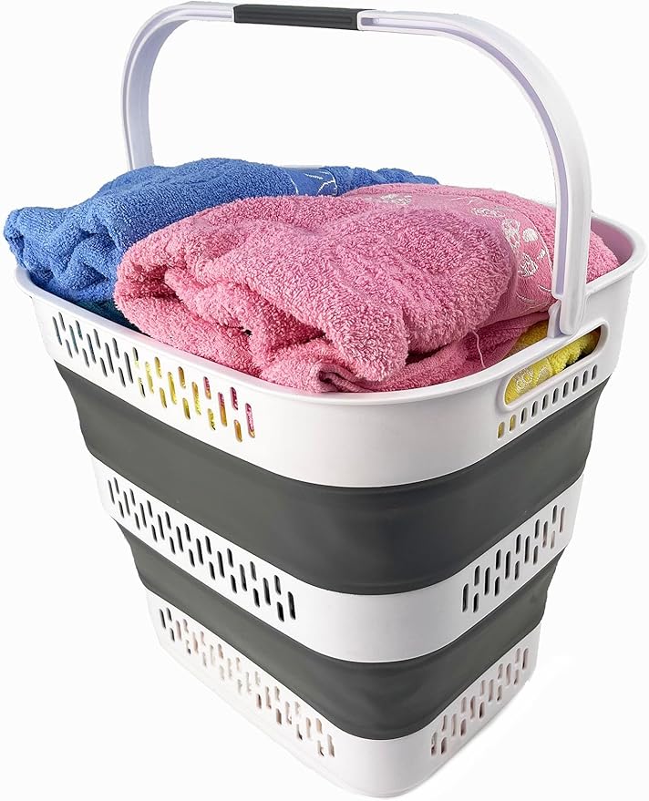 SAMMART 40L (10.5 Gallon) Collapsible Plastic Laundry Basket - Foldable Pop-Up Storage Container/Organizer – Portable Space Saving Laundry Hamper (1, White/Steel Grey)