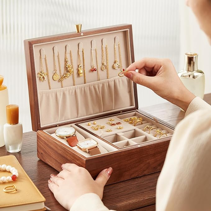 CHOSIN Black Walnut Wooden Jewelry Box for Women 2 Layer Jewelry Organizer with Removable Tray for Watches Rings Earrings Necklace Bracelets Storage Valentine's Day Gifts