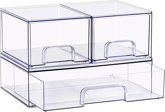 Sorbus Stackable Acrylic Storage Drawers – 2 Small + 1 Wide – 3 Pack Clear Plastic Organizer Bins for Baby Bottles, Makeup, Bathroom & Vanity, Pull-Out Drawer Design for Kitchen Cabinets