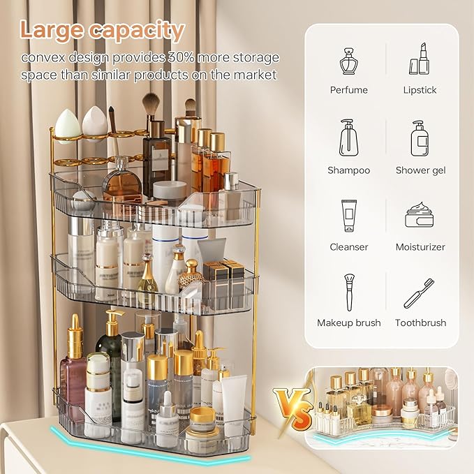 Corner Bathroom Counter Organizer with Makeup Brush Holder & Toothbrush Holders, Makeup Organizer for Vanity Countertop, Acrylic Skincare Storage Shelf (Grey, 3-Tier)