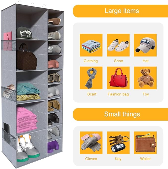 coastal rose Hanging Shoe Closet Storage Organizer, 15 Sections Closet Organizers and Storage Shelves Shoe Rack Holder Hanger, Grey