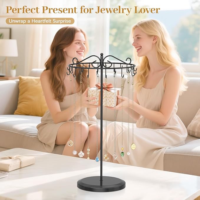 MODOWEY Necklace Holder Organizer Rotating Display, 24 Hooks Stand Adjustable Tree for Long Chain Storage, Tabletop Metal Hanger Rack for Men Women, No More Tangled Pendant Jewelry, Black
