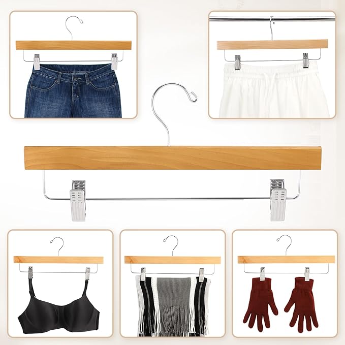 Sieral 30 Pack Wooden Pants Hangers with Clips Solid Wood Skirt Suit Coat Hangers with 2 Adjustable Clips 360 Degree Swivel Hook for Trousers Jeans Slacks Shorts Bottom, 14 Inch(Natural,Stylish)