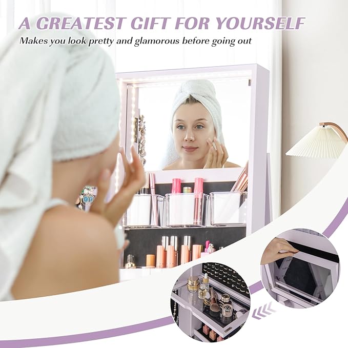 GOFLAME 360° Rotating Jewelry Cabinet with Full-Length Mirror, Freestanding Jewelry Armoire with 3-Color LED Light and Back Storage Shelf, Lockable Jewelry Organizer for Bedroom Cloakroom, Lavender