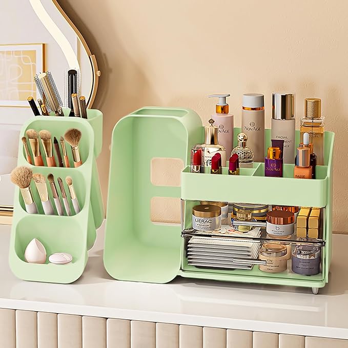 Makeup Organizer with Drawers,Large Capacity Countertop Organizer for Vanity,Bathroom and Bedroom Desk Cosmetics Organizer,Easy To Storage Skincare,Brushes,Lotions,Lipstick (Green)