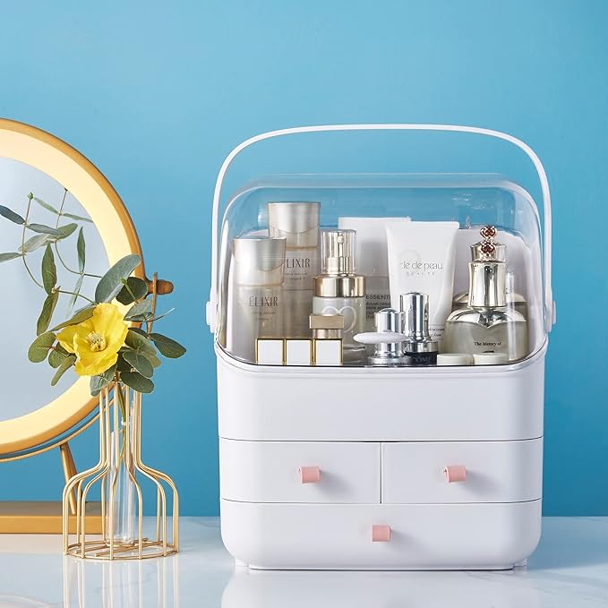 Large Makeup Organizer w Drawers Beauty Organizer Makeup Box Holder Vanity Organization Desk Countertop MakeUp Organizers Bathroom Counter Organizer Skincare Cosmetic Case Stand Dustproof Lid Gift
