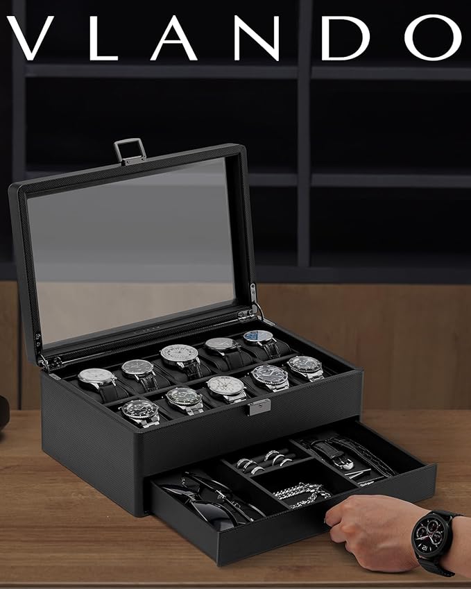 Vlando Watch Box 10 Slots, Lockable Watch Case with Textured Leather, 2 Layer Watch Holder for Rings, Glasses, Mens Jewelry Box with Glass Lid, Removable Divider, Gifts for Father, Husband, Black