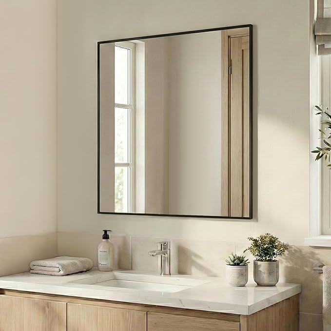 36''x36'' Large Black Square Mirror, Matte Metal Framed Bathroom Vanity Mirror, Oversized Wall Mirror for Entryway, Industrial Decor, Flush Mount