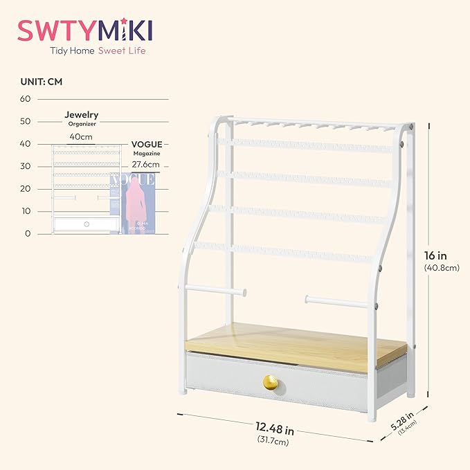 SWTYMIKI Earring Holder Organizer - Jewelry Organizer Stand with Necklace Hooks, Watch Rods, Nonwoven Drawer, Large Capacity Jewelry Display for Stud Earring Bracelet Necklace Ring, White