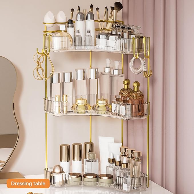 3-Tier Corner Bathroom Counter Organizer,Makeup & Skincare Shelf with Built-in Brush Holder,Space-Saving Bathroom Countertop Organizer for Skincare, Perfume, Cosmetics(Green)