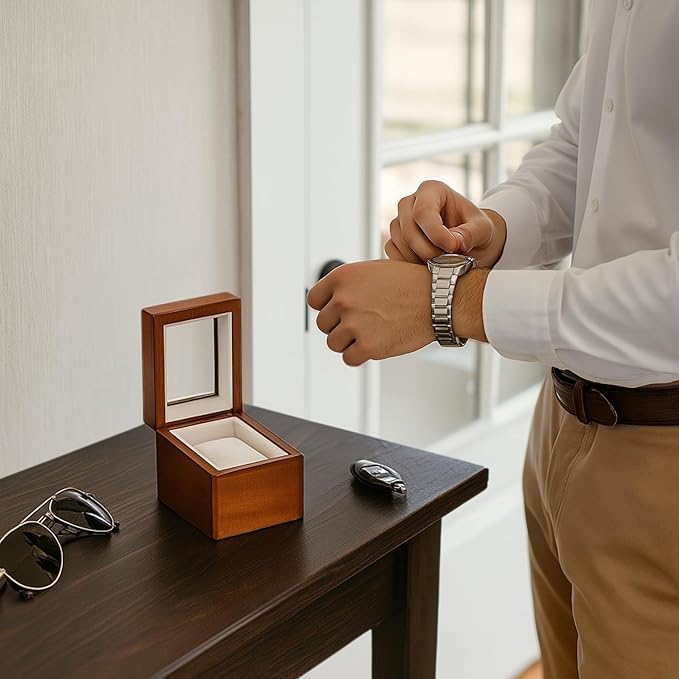 Bey-Berk Personalized Viscount Cherry Wood Single Watch Box, Custom Glass-Top Solid Wood Watch Display Case with Velour-Lined Cushion, 4.5" x 3.25" x 3.25"