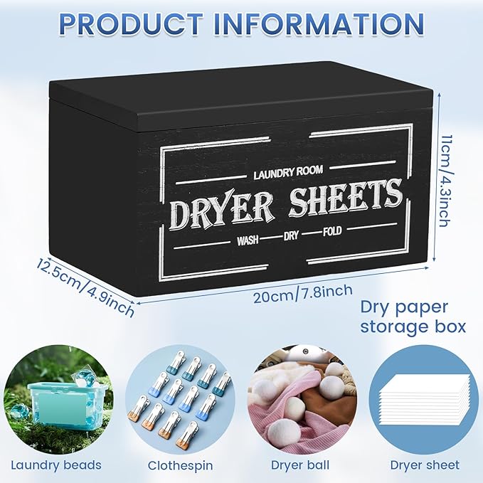 Dryer Sheet Holder with Lid, Wooden Laundry Room Organization and Storage, Large Capacity Softener Sheets Dispenser, Fabric Softener Container for Laundry Room Bathroom (Black)