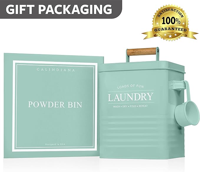 Calindiana Modern Farmhouse Metal Soap Dispenser with Scoop for Laundry Room Decor and Organization, Mint