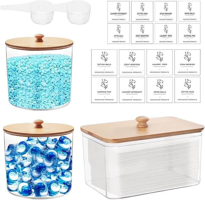 3 Pack Laundry Room Organization Storage Containers, Clear Large Laundry Detergent Powder Storage Containers with Wooden Lids & 16 Labels,Laundry Pods Holder for Scent Booster,Powder,Pods